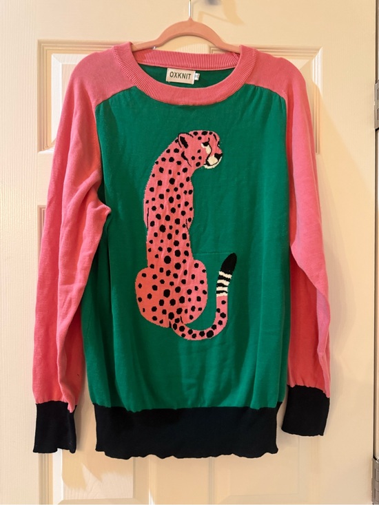 OXKnit Sweaters - OXKNIT 100% Cotton Green Crewneck Sweater with Pink Leopard Motif